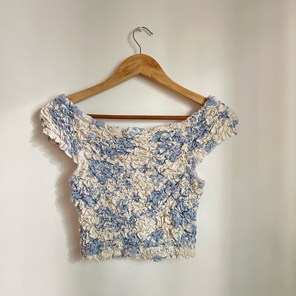 Free People Dominique Top Blue White Ruched Stretchy Off Shoulder Medium M